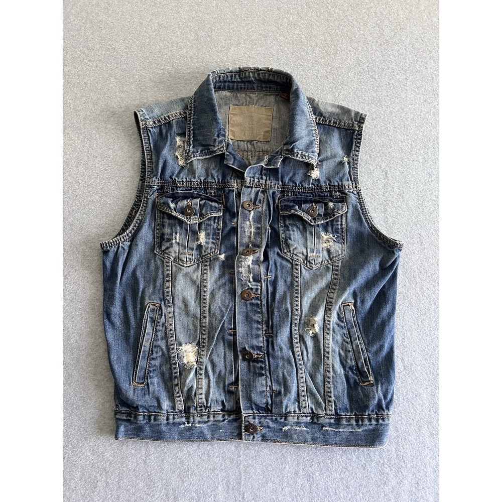 Vintage‎ Denim Vest Escapism Acid Washed Sz M Y2K 90s Factory Distressed